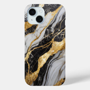 Zwart-wit marmeren patroon met goud iPhone 15 case