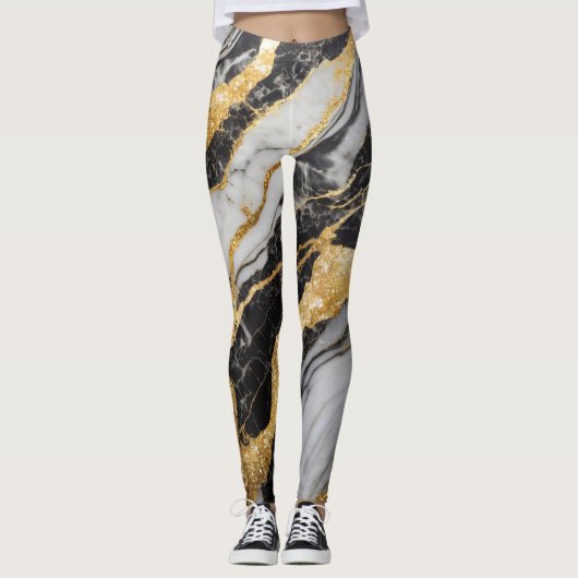 Zwart-wit marmeren patroon met goud leggings (Voorkant)