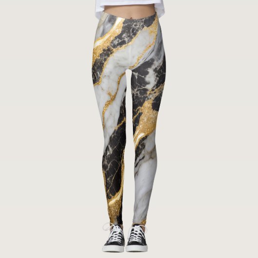 Zwart-wit marmeren patroon met goud leggings (Voorkant)