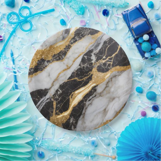 Zwart-wit marmeren patroon met goud papieren bordje (Feest)