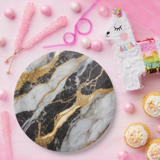 Zwart-wit marmeren patroon met goud papieren bordje (Feest)