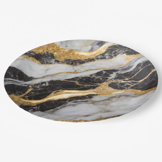 Zwart-wit marmeren patroon met goud papieren bordje (Gekanteld)