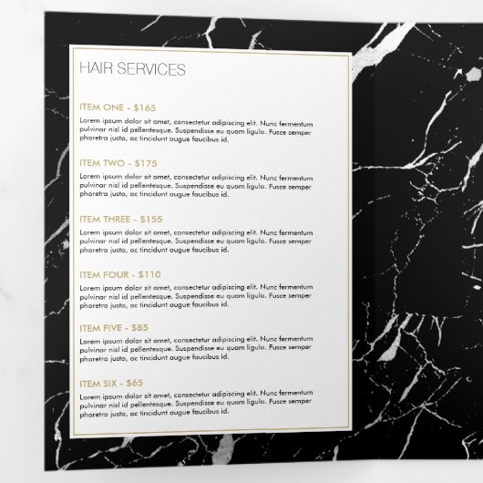 Zwart-wit marmeren salon of productbrochure drieluik kaart (Binnenzijde eerst)