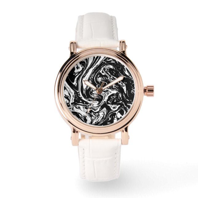 Zwart & Wit Marmeren Stijl en Rosegold Horloge (Voorkant)