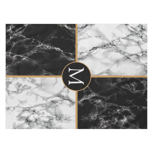 Zwart-wit marmeren tafelkleed Monogram Letter (Voorkant (Horizontaal))