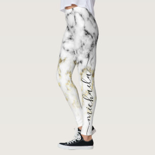 Zwart wit marmergoudspargel Jouw naam Leggings