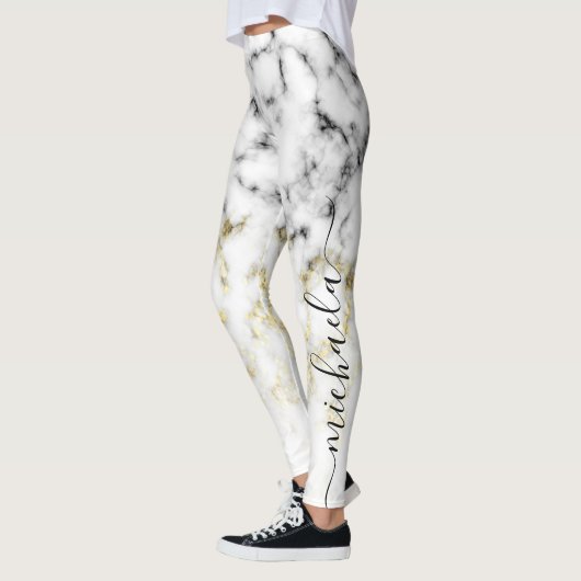 Zwart wit marmergoudspargel Jouw naam Leggings (Links)