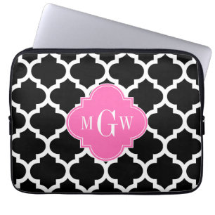 Zwart Wit Marokkaans #5 Heet Roze #2 Naam Initiaal Laptop Sleeve