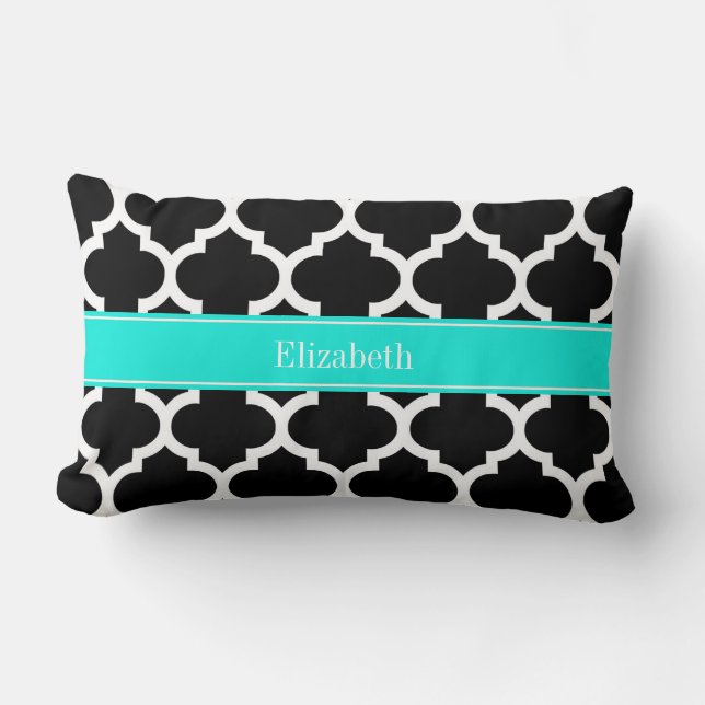 Zwart Wit Marokkaans #5 Helle Aqua Naam Monogram Kussen (Voorkant)