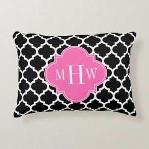 Zwart wit Marokkaans #5 Hot Pink #2 Naam Monogram Accent Kussen