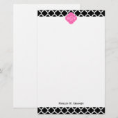 Zwart wit Marokkaans #5 Hot Pink #2 Naam Monogram Briefpapier (Voorkant / Achterkant)