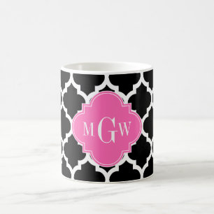 Zwart wit Marokkaans #5 Hot Pink #2 Naam Monogram Koffiemok