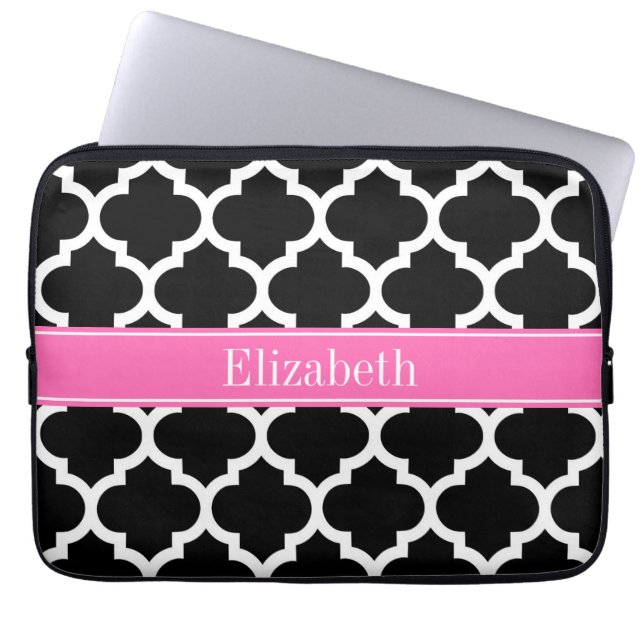 Zwart wit Marokkaans #5 Hot Pink #2 Naam Monogram Laptop Sleeve (Voorkant)