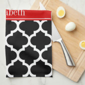 Zwart-wit Marokkaans #5 Monogram met rode naam Theedoek (Quarter Fold)