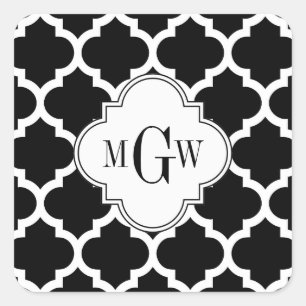 Zwart Wit Marokkaans #5 Wit 3 Initiaal Monogram Vierkante Sticker