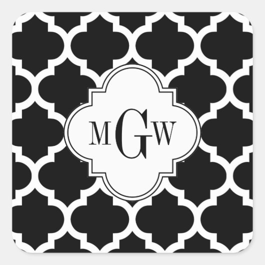 Zwart Wit Marokkaans #5 Wit 3 Initiaal Monogram Vierkante Sticker (Voorkant)