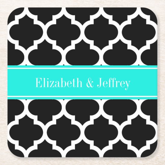 Zwart wit Marokkaans monogram #5 Brt Aqua Name Kartonnen Onderzetters (Voorkant)