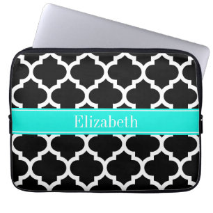 Zwart wit Marokkaans monogram #5 Brt Aqua Name Laptop Sleeve