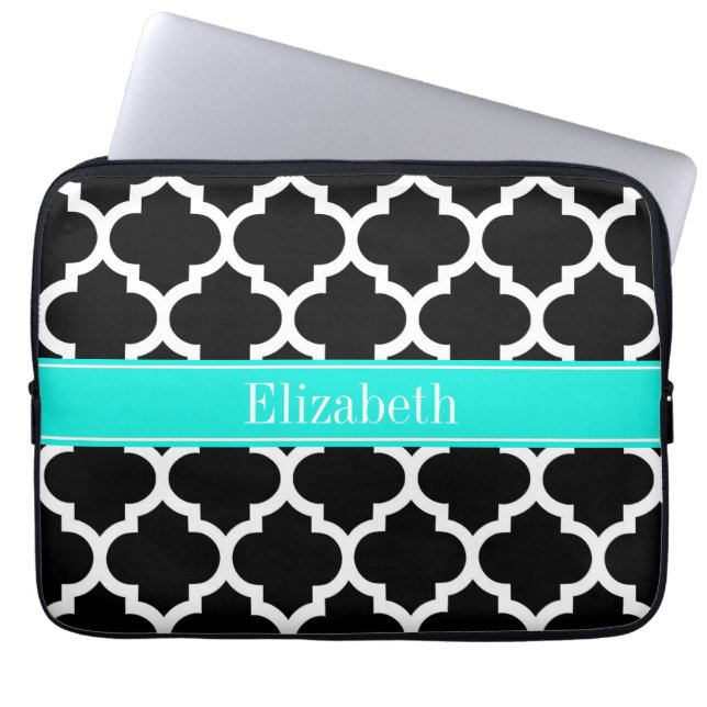 Zwart wit Marokkaans monogram #5 Brt Aqua Name Laptop Sleeve (Voorkant)