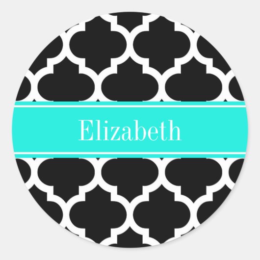 Zwart wit Marokkaans monogram #5 Brt Aqua Name Ronde Sticker (Voorkant)