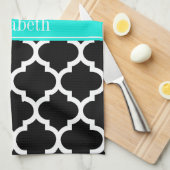 Zwart wit Marokkaans monogram #5 Brt Aqua Name Theedoek (Quarter Fold)