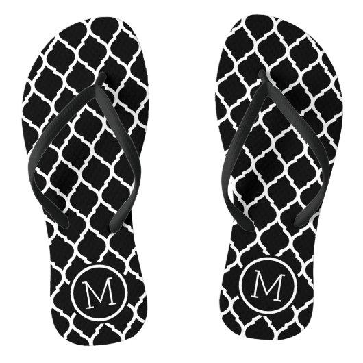 Zwart-wit Marokkaans Quatrefoil Monogram Teenslippers (Voetbed)