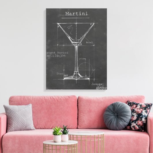 Zwart-wit Martini Glass Blueprint Canvas Afdruk (Insitu (Woonkamer))