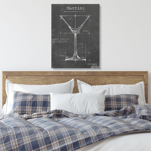 Zwart-wit Martini Glass Blueprint Canvas Afdruk (Insitu (Slaapkamer))