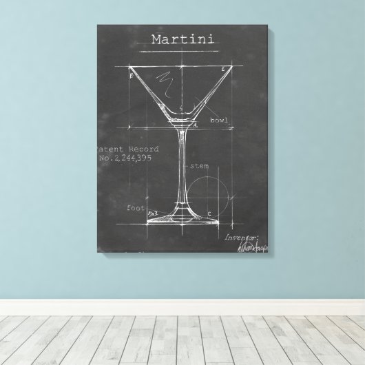 Zwart-wit Martini Glass Blueprint Canvas Afdruk (Insitu (Houten vloer))