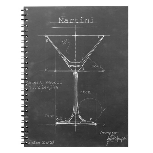Zwart-wit Martini Glass Blueprint Notitieboek (Voorkant)