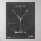 Zwart-wit Martini Glass Blueprint Poster (Voorkant)