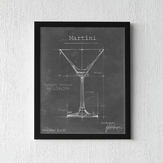 Zwart-wit Martini Glass Blueprint Poster
