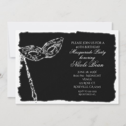 Zwart & Wit Maskerade Elegant Feest Uitnodiging (Voorkant)