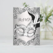 Zwart-wit Maskerade Feest RSVP Kaartje (Staand voorkant)