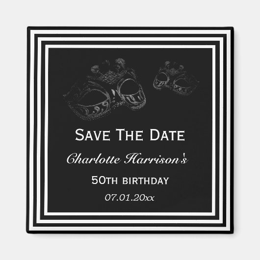 Zwart & Wit Masquerade Verjaardag Save The Date Magneet (Voorkant)