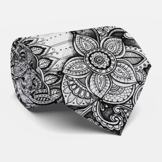 Zwart-wit Maximalist Paisley Bloementuin Stropdas (Opgerold)