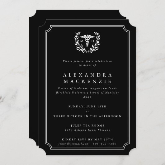 Zwart/Wit MD Caduceus Dokter Afstuderen Kaart (Voorkant / Achterkant)