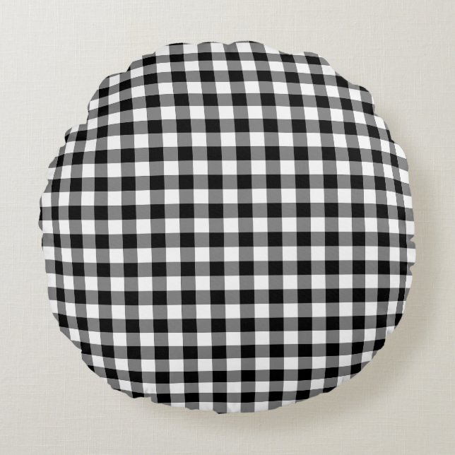 Zwart-wit Medium Size Gingham-controles Rond Kussen (Voorkant)