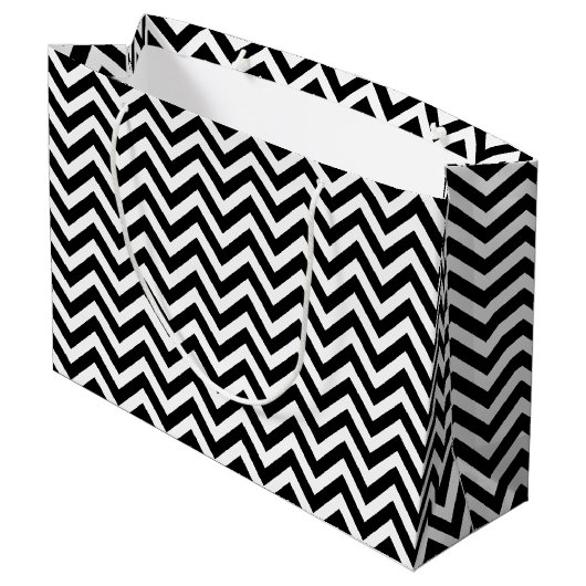 Zwart-wit Medium Size Horizontale Chevron Groot Cadeauzakje (Achterkant Gekanteld)