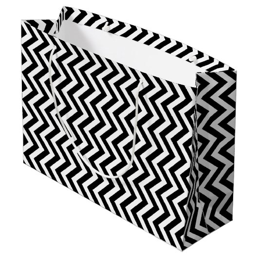 Zwart-wit Medium Size Verticale Chevron Groot Cadeauzakje (Achterkant Gekanteld)