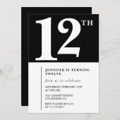 Zwart Wit Meisje 12e verjaardag uitnodiging Chic (Voorkant / Achterkant)