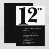 Zwart Wit Meisje 12e verjaardag uitnodiging Eenvou (Voorkant / Achterkant)