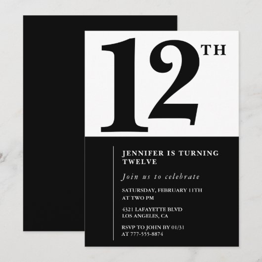 Zwart Wit Meisje 12e verjaardag uitnodiging Eenvou (Voorkant / Achterkant)