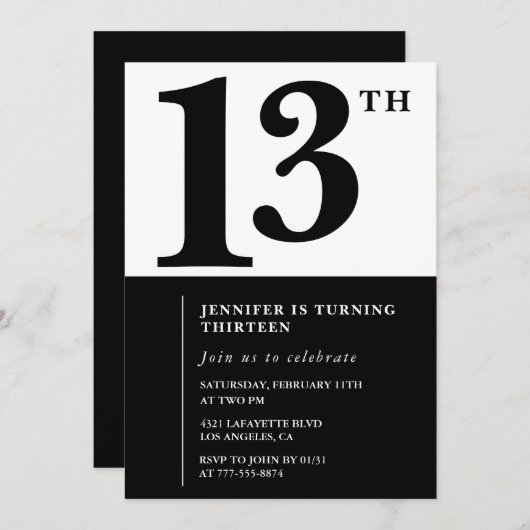 Zwart Wit Meisje 13e verjaardag uitnodiging Eenvou (Voorkant / Achterkant)