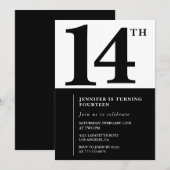 Zwart Wit Meisje 14e verjaardag uitnodiging Eenvou (Voorkant / Achterkant)