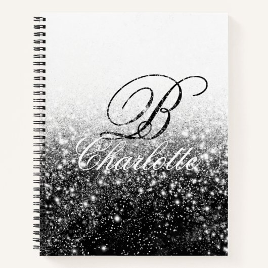 Zwart Wit Meisje Glitter Monogram Naam Notitieboek (Voorkant)