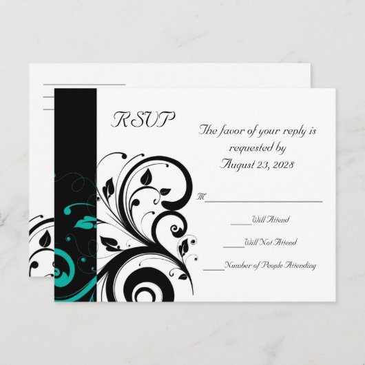 Zwart-wit met Blauwgroen omgekeerde werveling RSVP Uitnodiging Briefkaart (Voorkant / Achterkant)