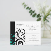 Zwart-wit met Blauwgroen omgekeerde werveling RSVP Uitnodiging Briefkaart (Staand voorkant)