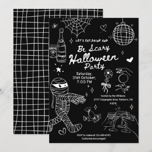 Zwart & Wit met de Hand Getekende Doodle Halloween Kaart