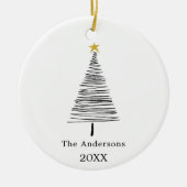 Zwart wit met de hand getekende kerstboom familien keramisch ornament (Voorkant)